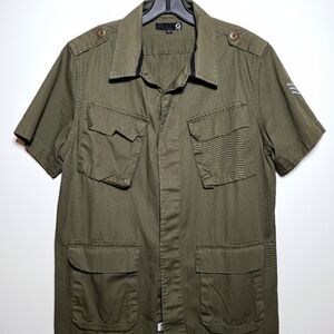 GUESS Military Style Utility Short Sleeve Shirt Jacket - Olive Green - Size M